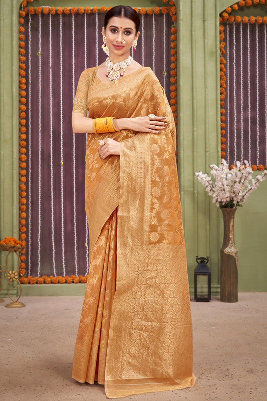 Peach Colour Linen Traditional Saree In Woven Work