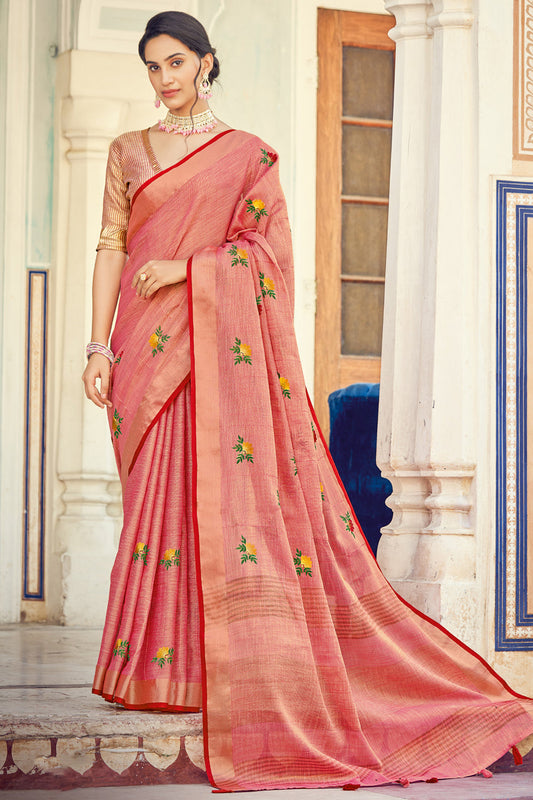 Peach Colour Linen Traditional Saree In Woven Work