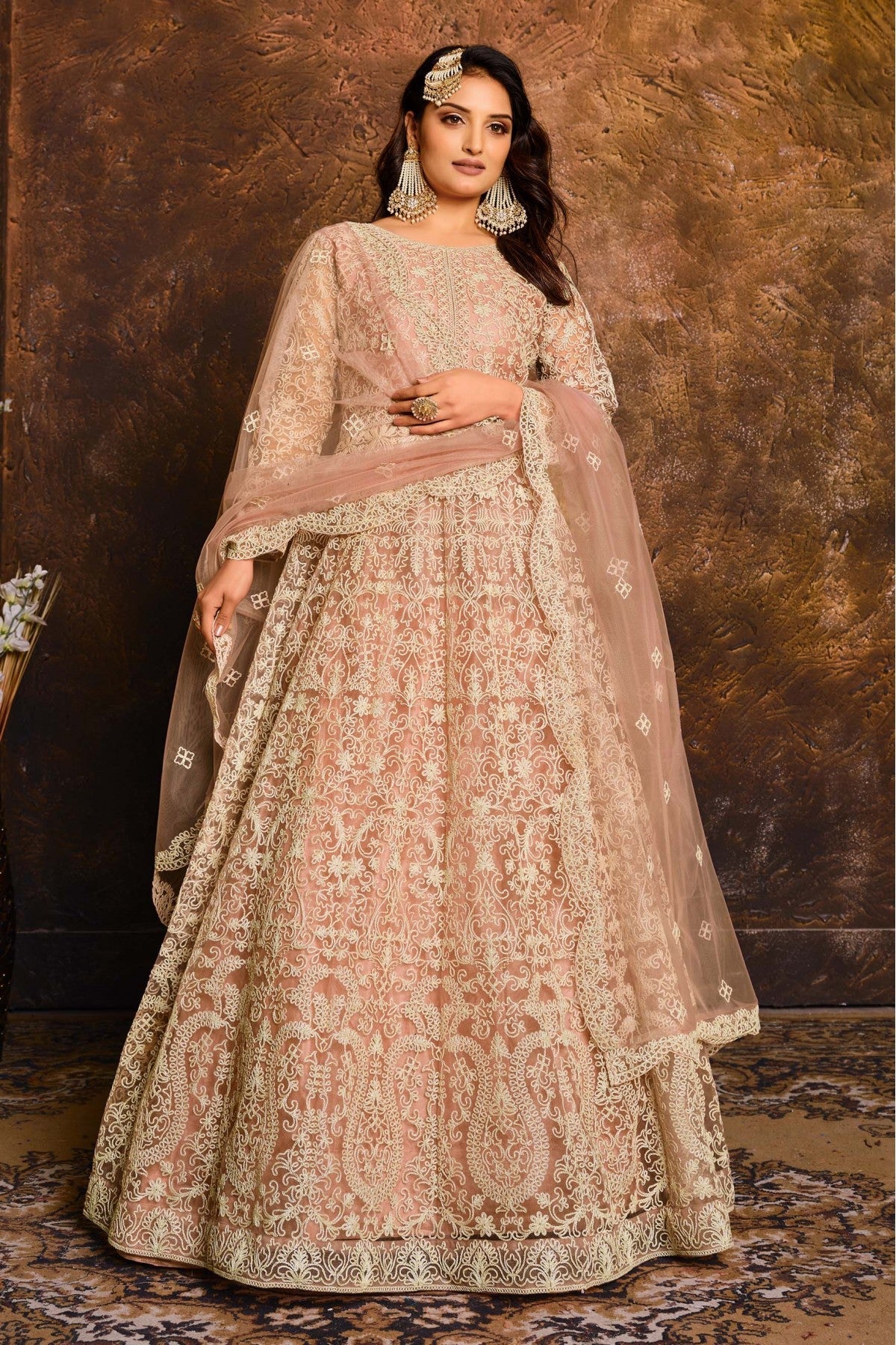 Peach Colour Net Anarkali Suit