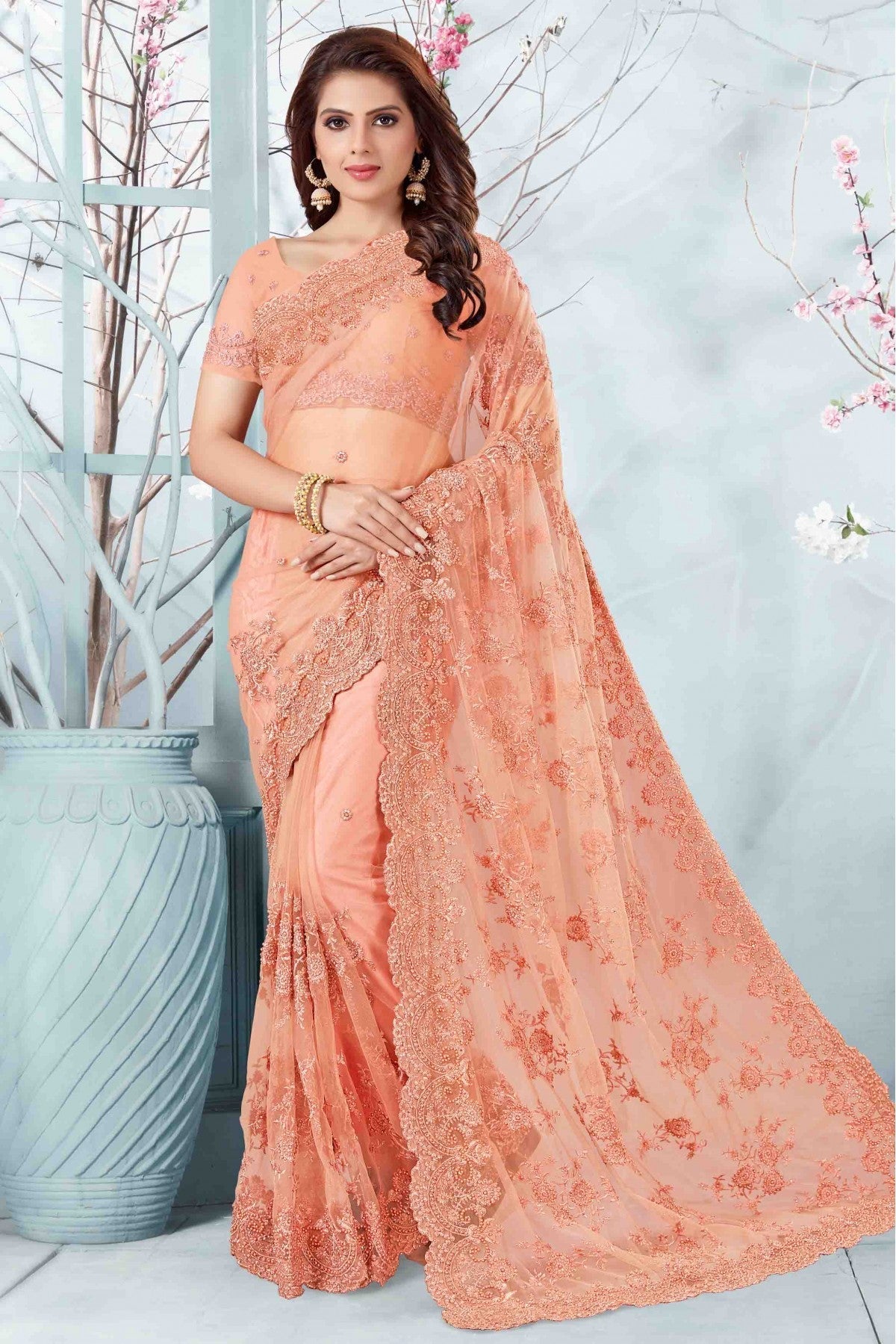 Peach Colour Net Designer Saree