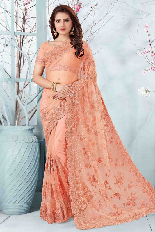 Peach Colour Net Designer Saree