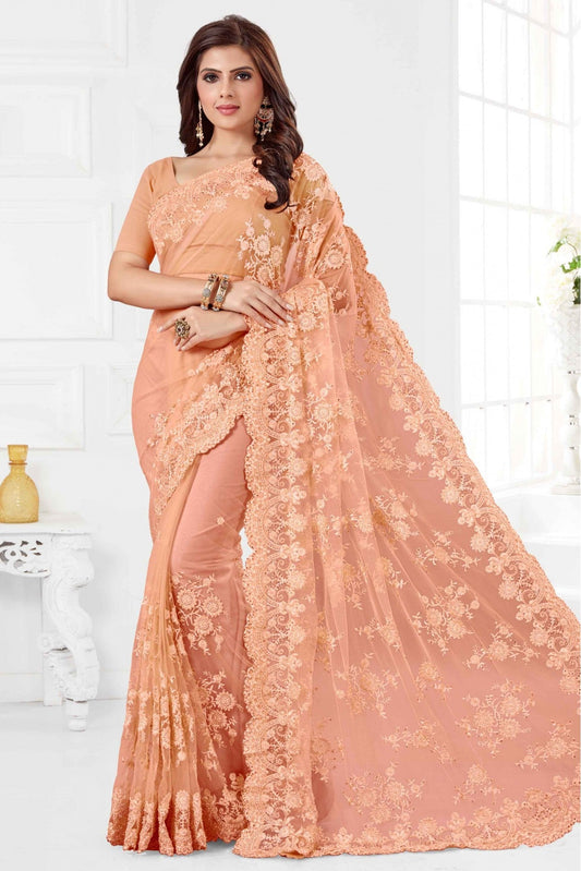 Peach Colour Net Designer Saree