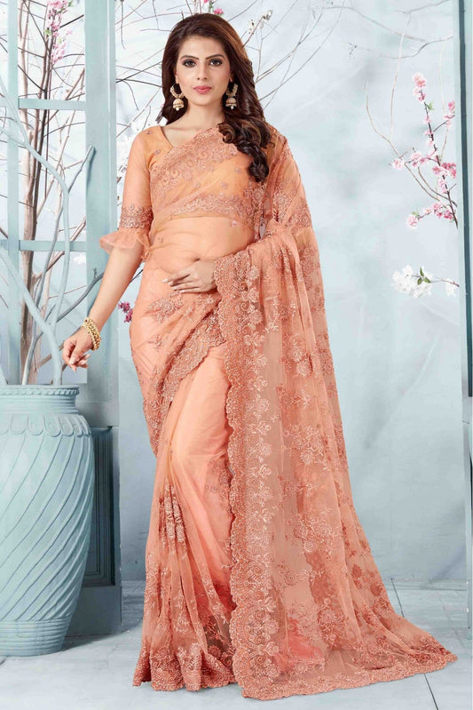 Peach Colour Net Designer Saree