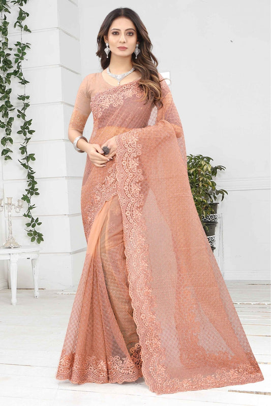 Peach Colour Net Designer Saree