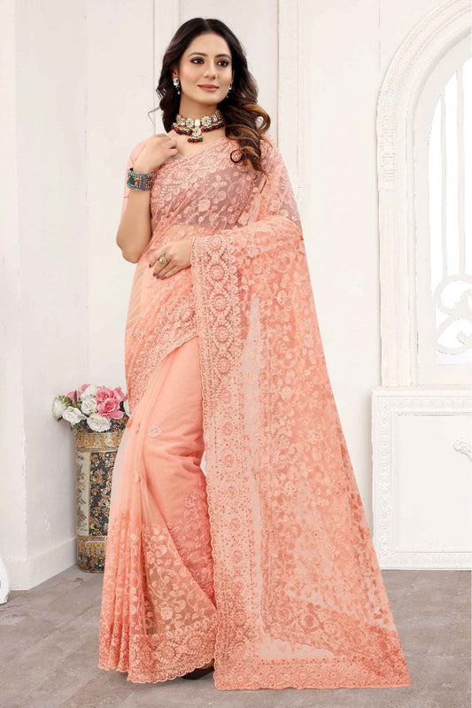 Peach Colour Net Designer Saree