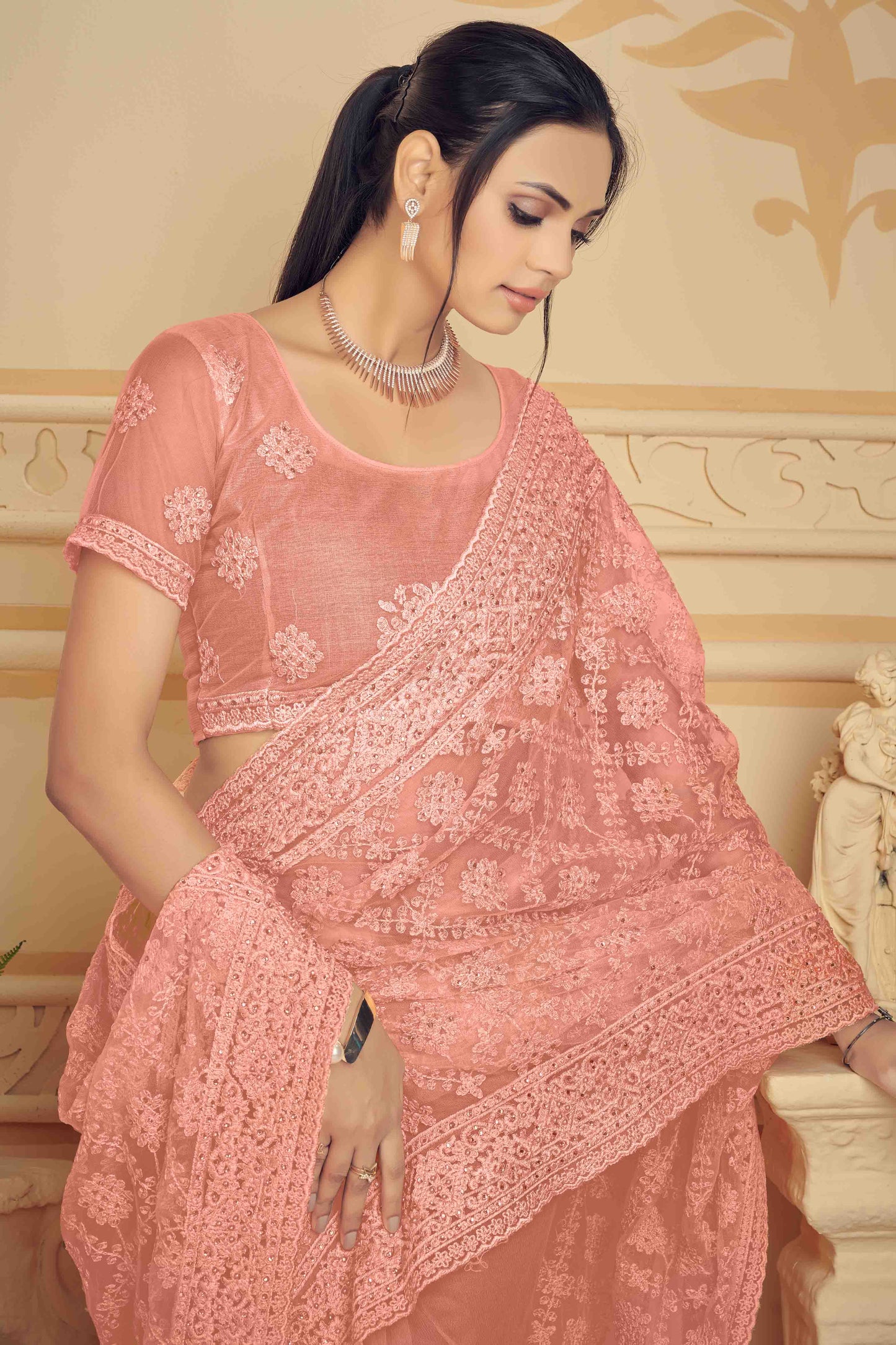 Peach Colour Net Designer Saree VSSD1090477