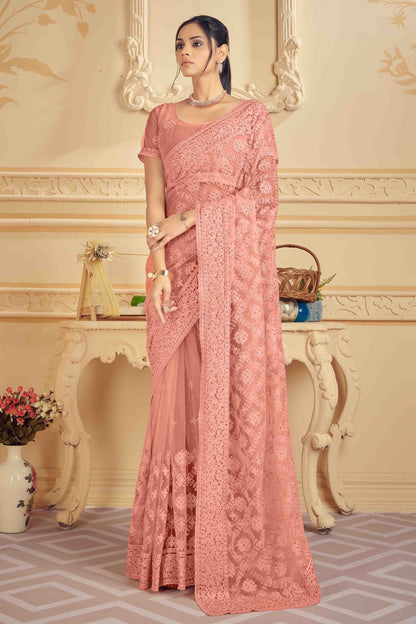 Peach Colour Net Designer Saree VSSD1090477