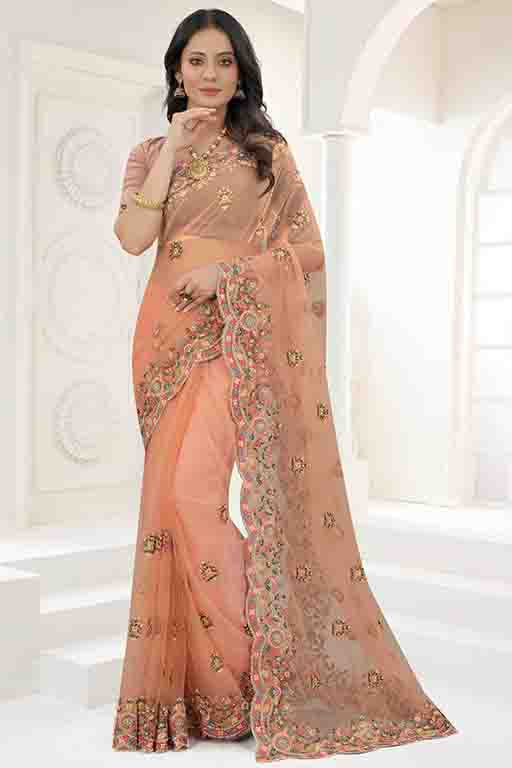 Peach Colour Net Designer Saree