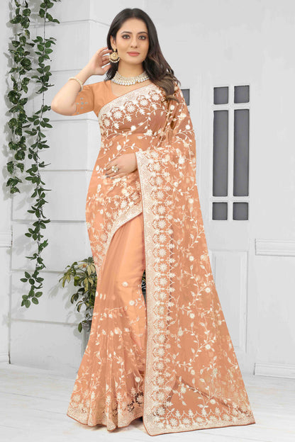 Peach Colour Net Designer Saree