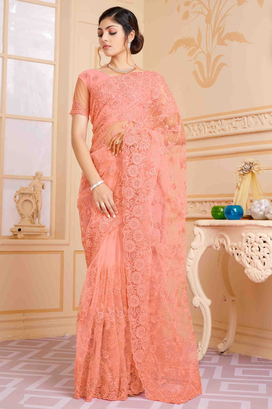 Peach Colour Net Designer Saree