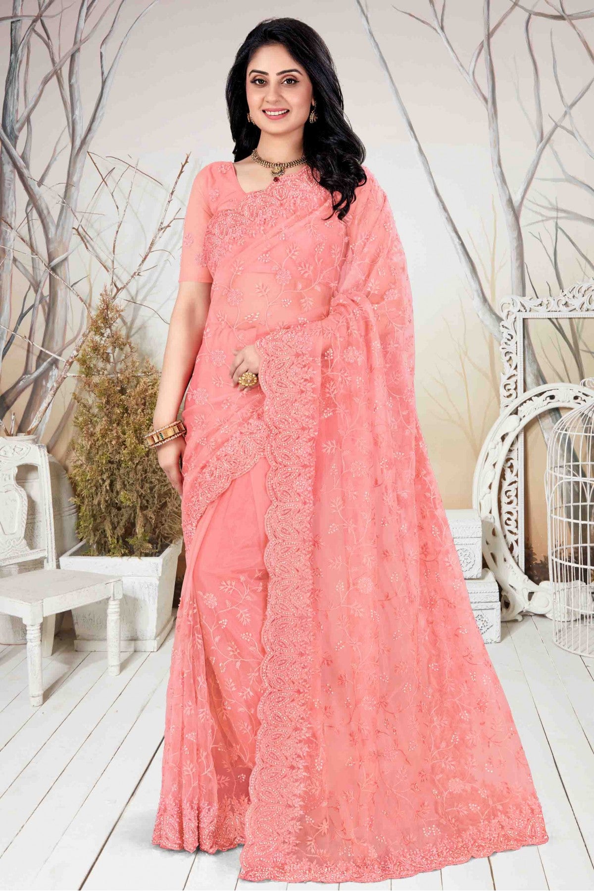 Peach Colour Net Embroidery Saree VSSD1090118