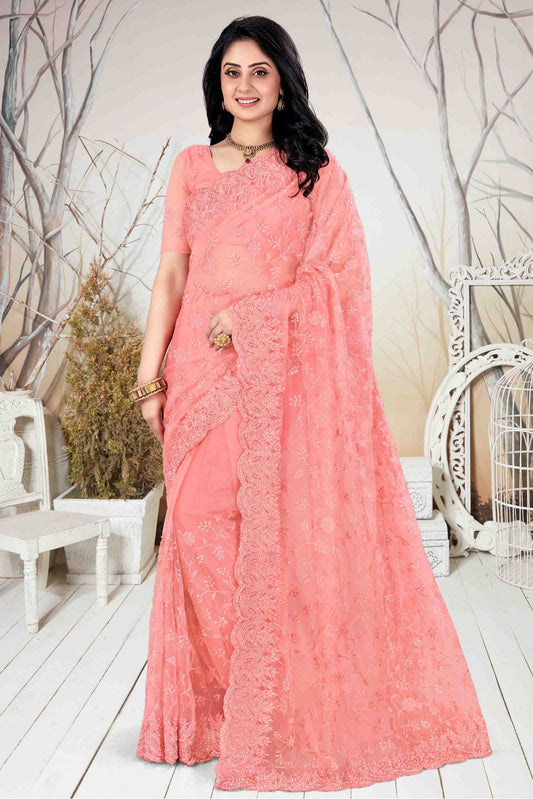 Peach Colour Net Embroidery Saree