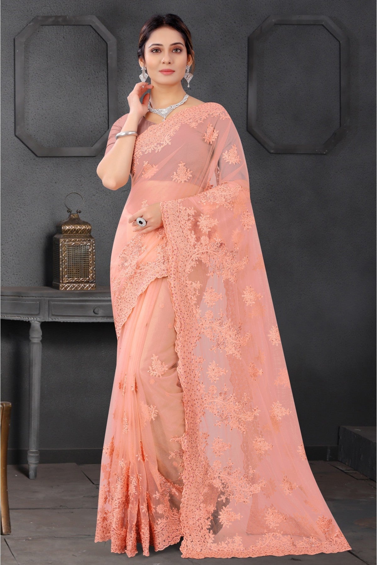 Peach Colour Net Embroidery Saree