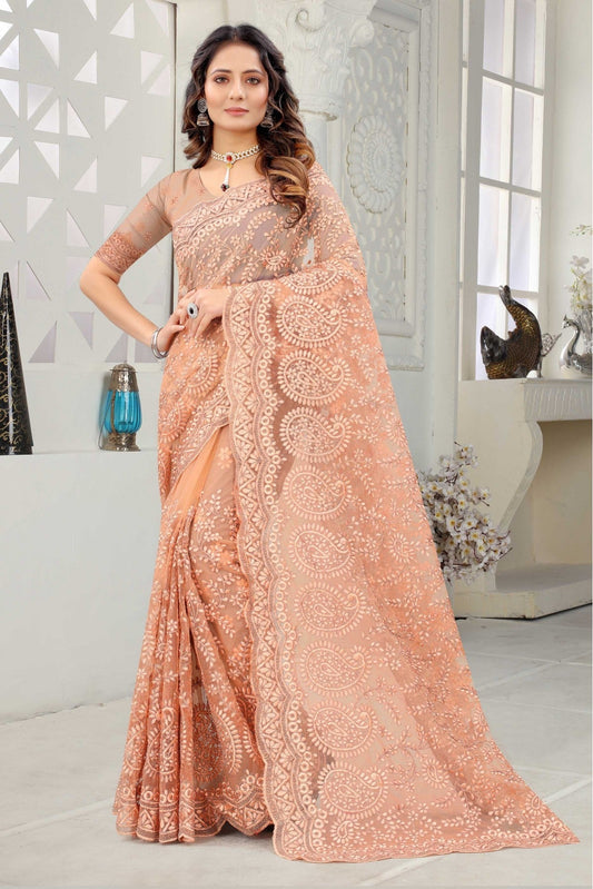 Peach Colour Net Embroidery Saree