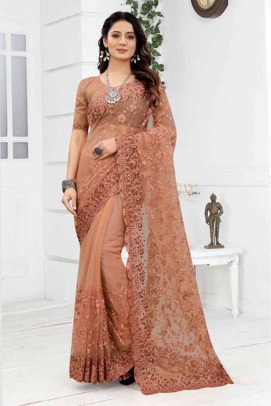 Peach Colour Net Embroidery Saree