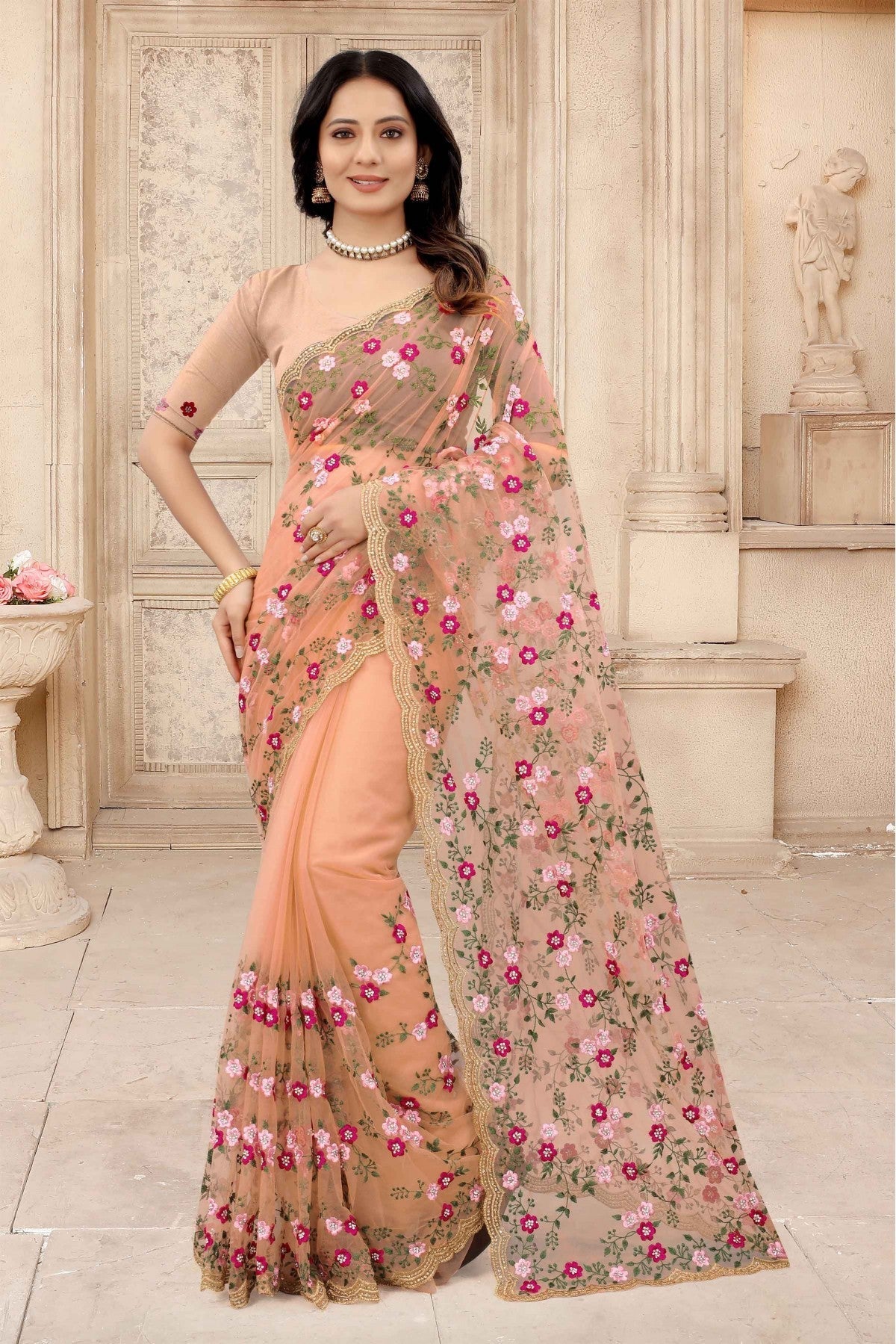 Peach Colour Net Embroidery Saree VSSD1090315