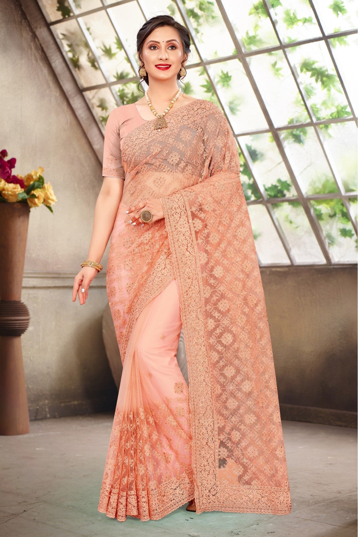 Peach Colour Net Embroidery Saree