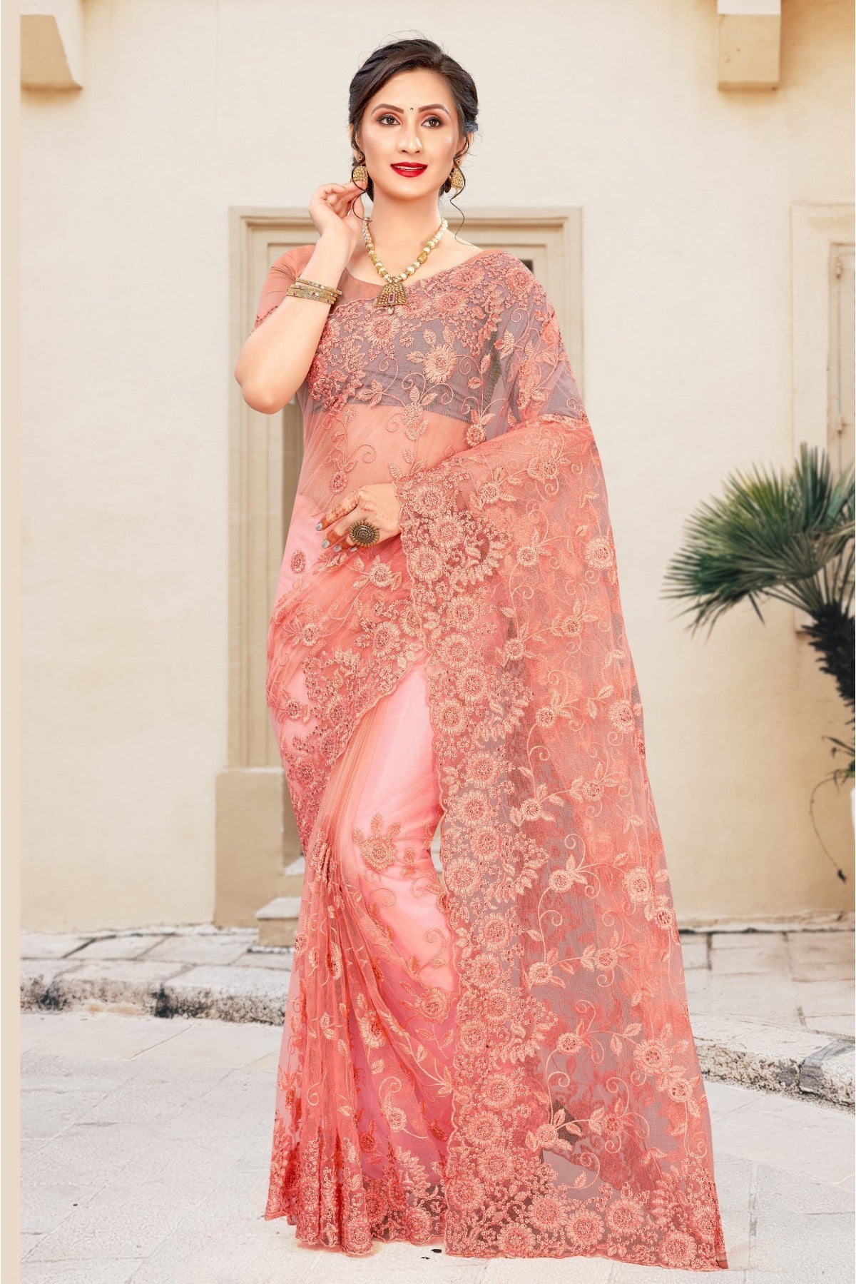 Peach Colour Net Embroidery Saree