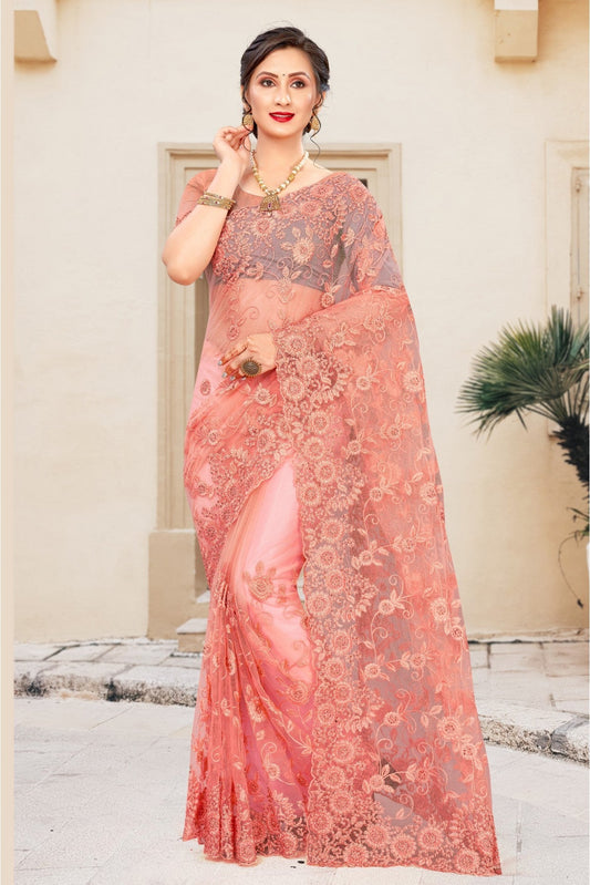 Peach Colour Net Embroidery Saree