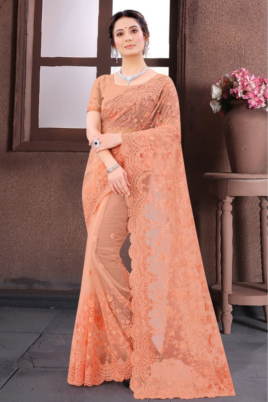 Peach Colour Net Embroidery Saree