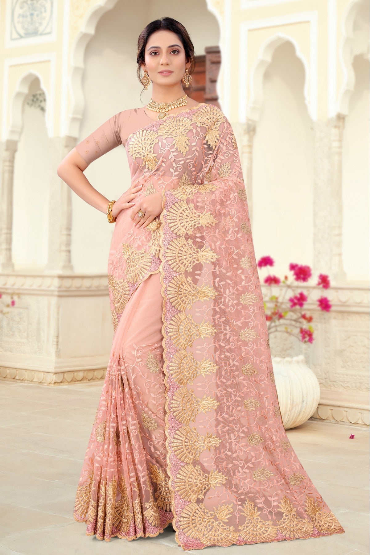 Peach Colour Net Embroidery Saree