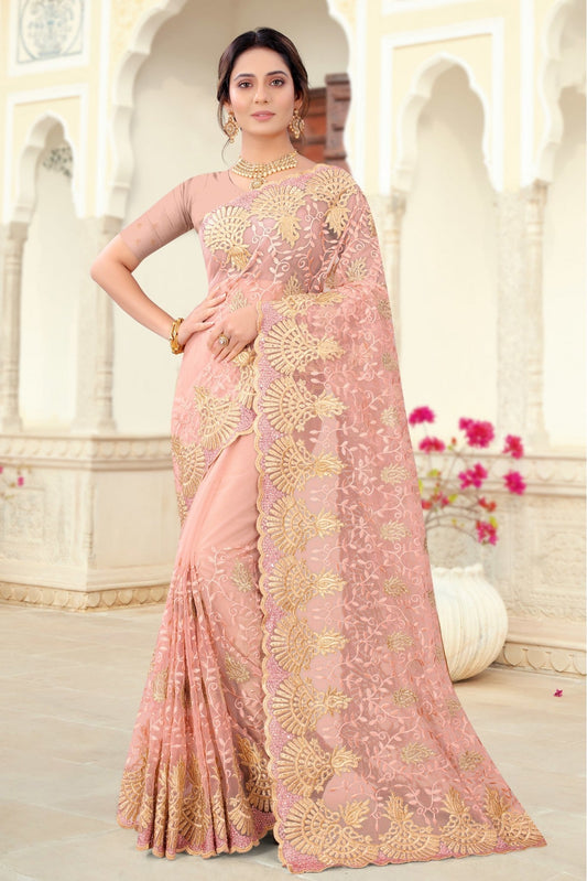 Peach Colour Net Embroidery Saree