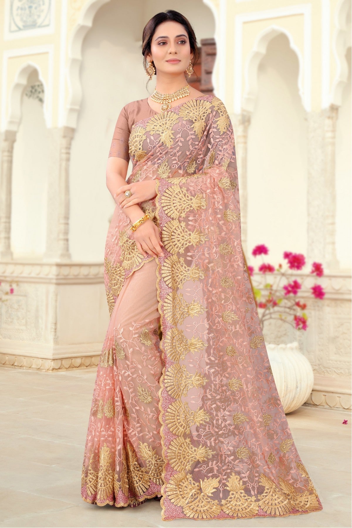 Peach Colour Net Embroidery Saree