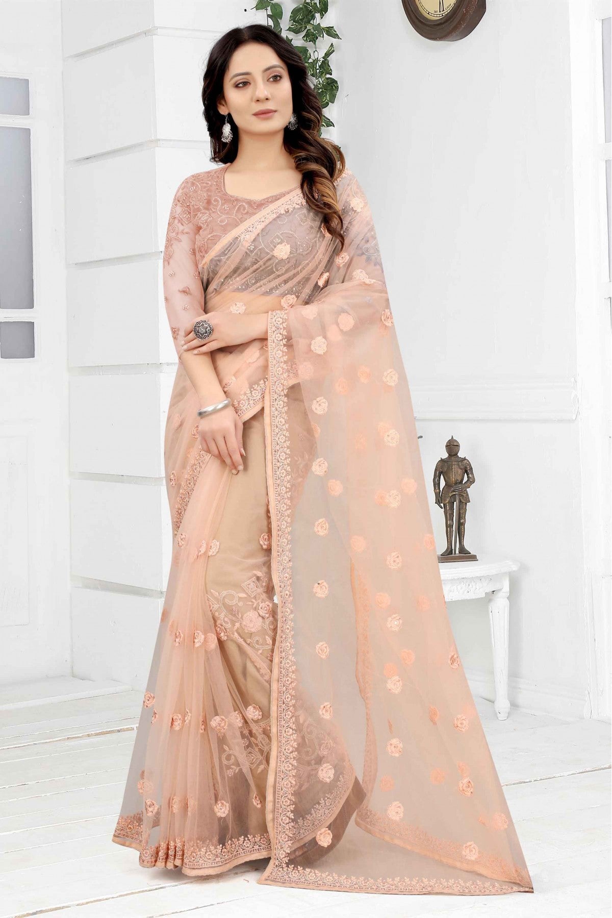 Peach Colour Net Embroidery Saree