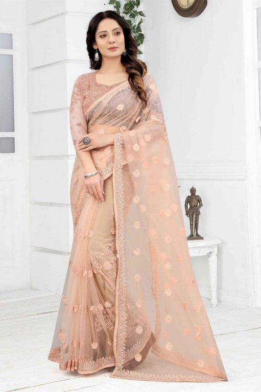 Peach Colour Net Embroidery Saree