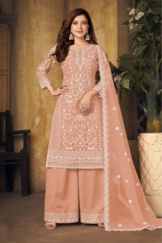 Peach Colour Net Palazzo Pant Suit