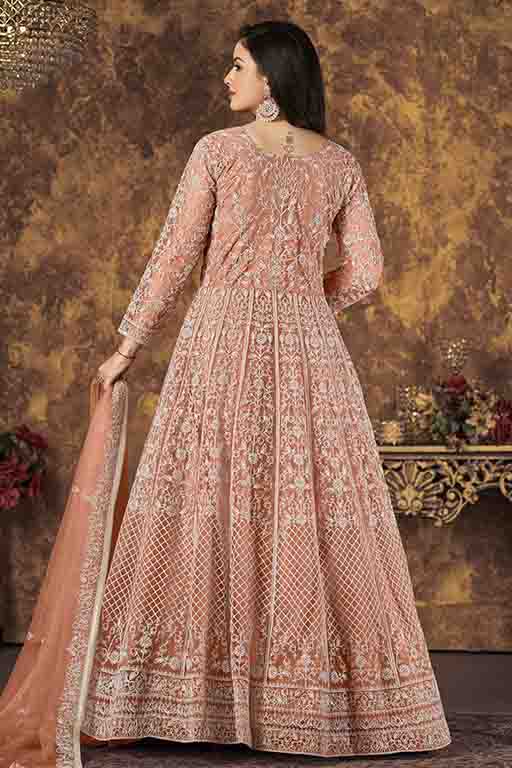 Peach Colour Net Semi Stitched Anarkali Suit