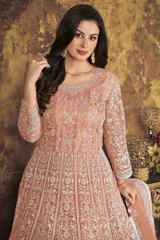 Peach Colour Net Semi Stitched Anarkali Suit