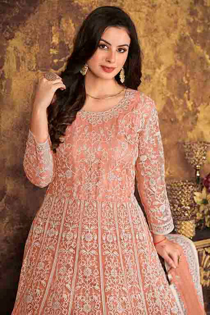 Peach Colour Net Semi Stitched Anarkali Suit