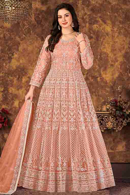 Peach Colour Net Semi Stitched Anarkali Suit