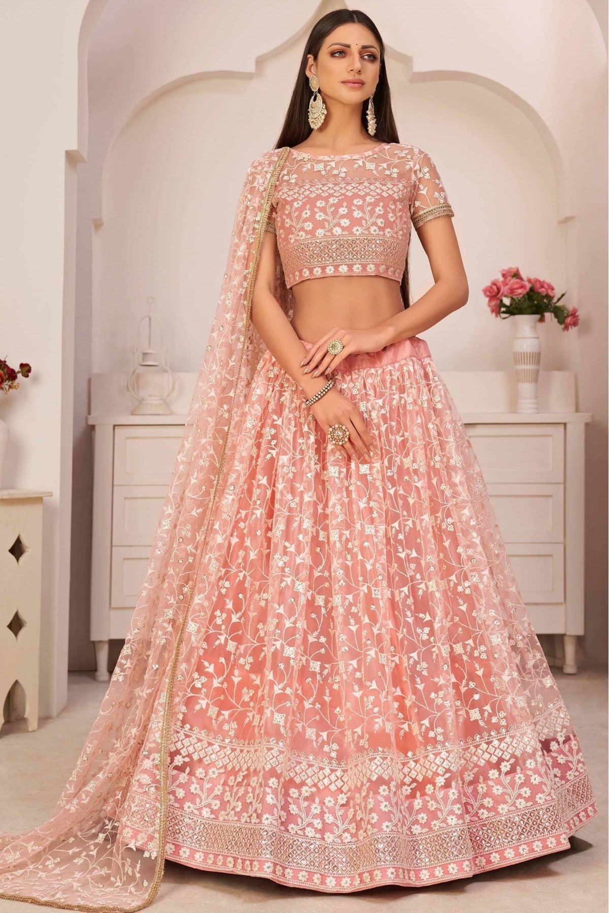 Peach Colour Net Thread Work Lehenga Choli