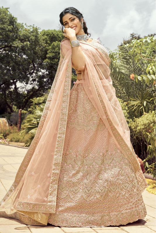 Peach Colour Organza Embroidery Bridal Lehenga Choli