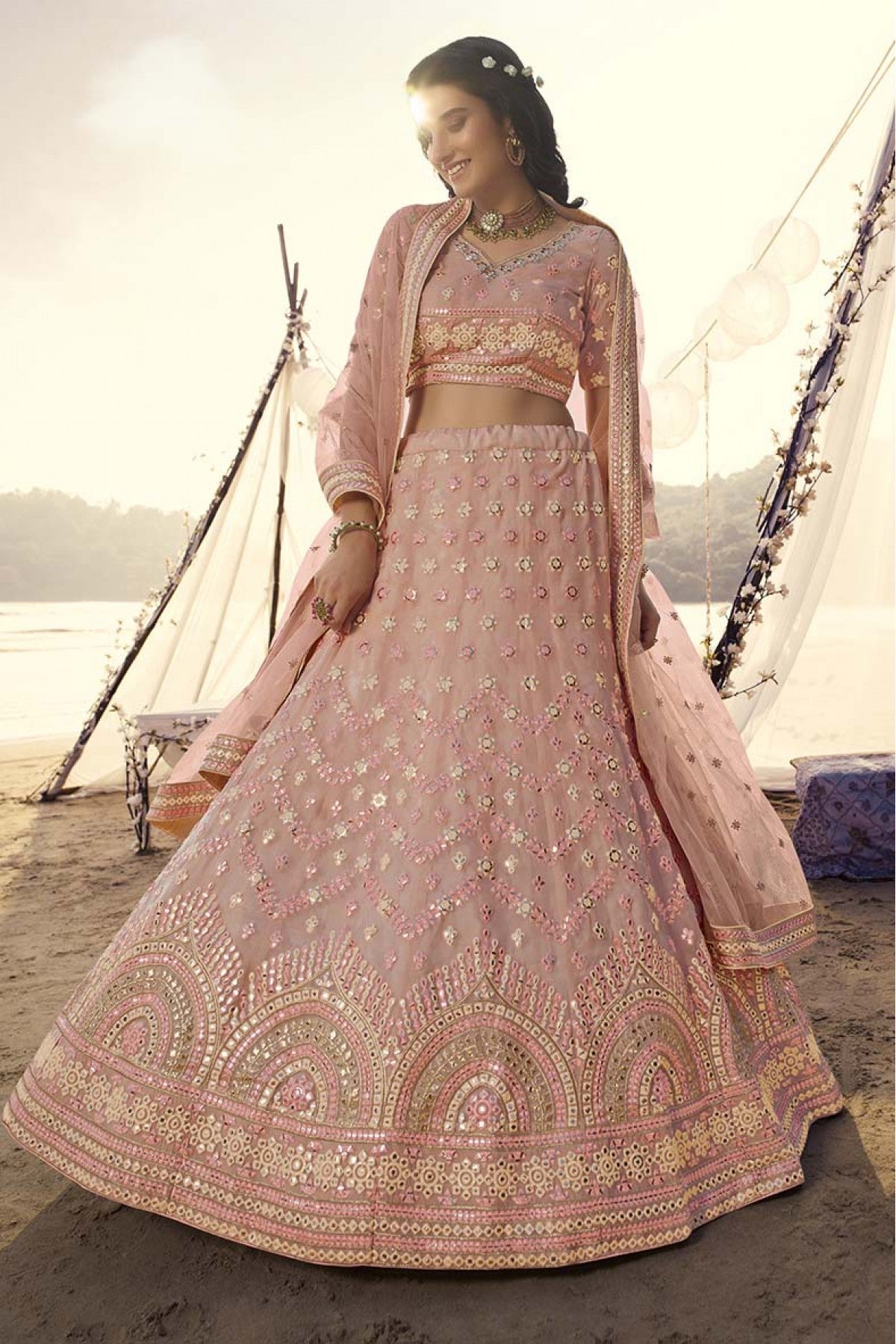 Peach Colour Organza Embroidery Lehenga Choli