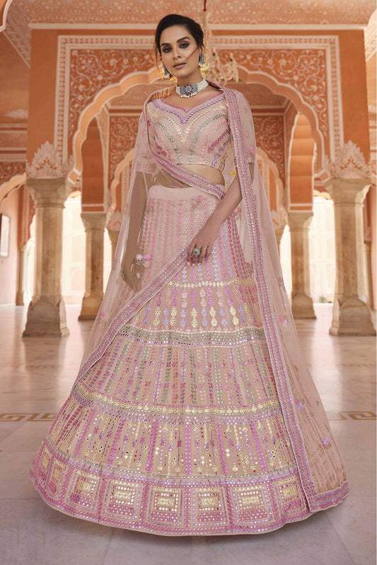 Peach Colour Organza Thread Work Lehenga Choli