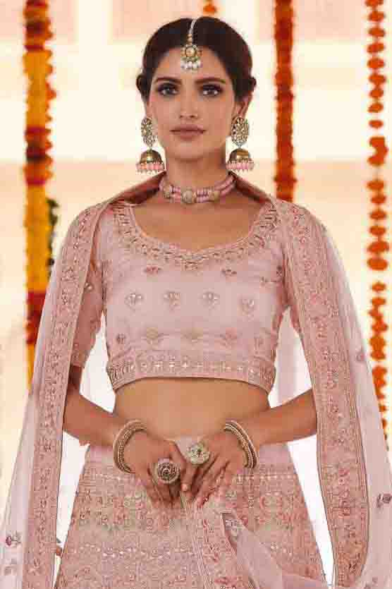 Peach Colour Organza Thread Work Lehenga Choli