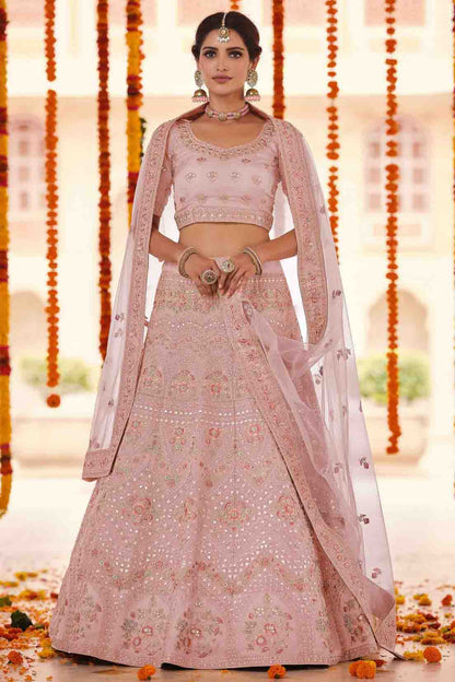 Peach Colour Organza Thread Work Lehenga Choli