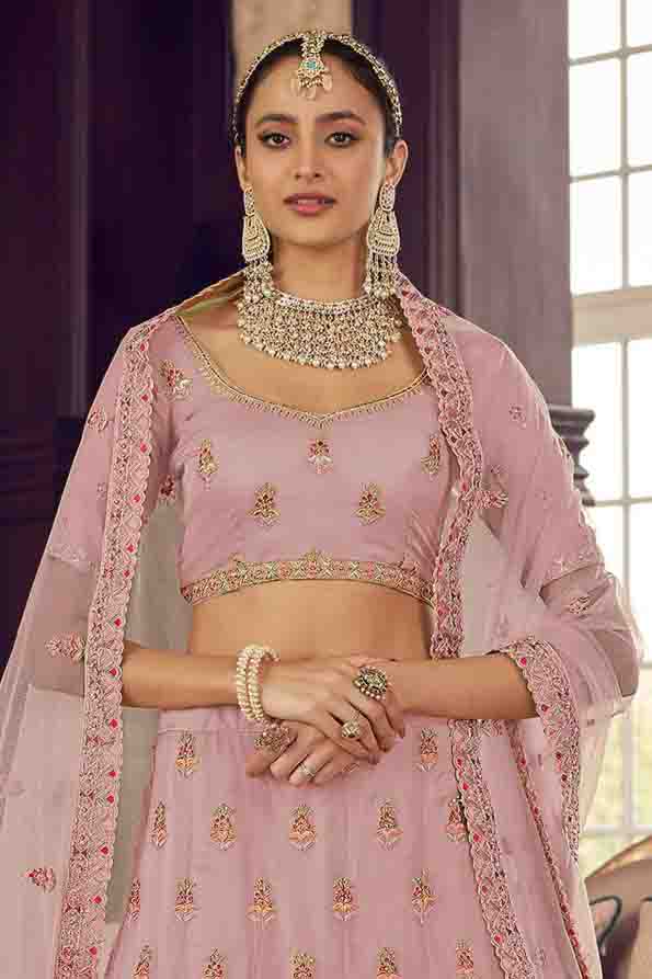 Peach Colour Organza Thread Work Lehenga Choli