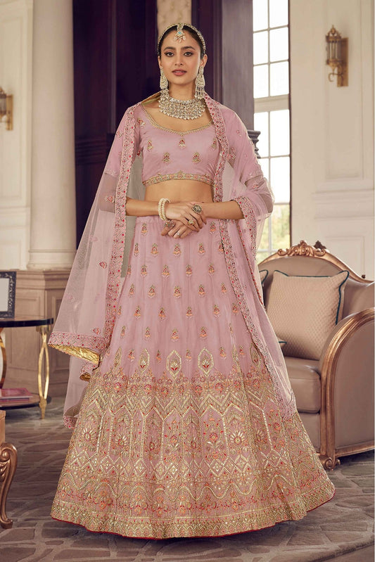 Peach Colour Organza Thread Work Lehenga Choli