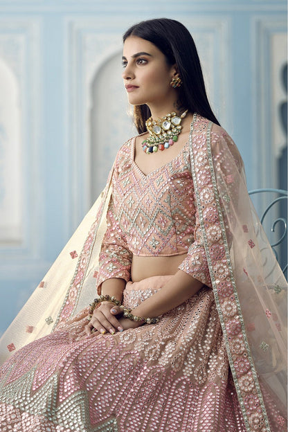 Peach Colour Organza Thread Work Lehenga Choli