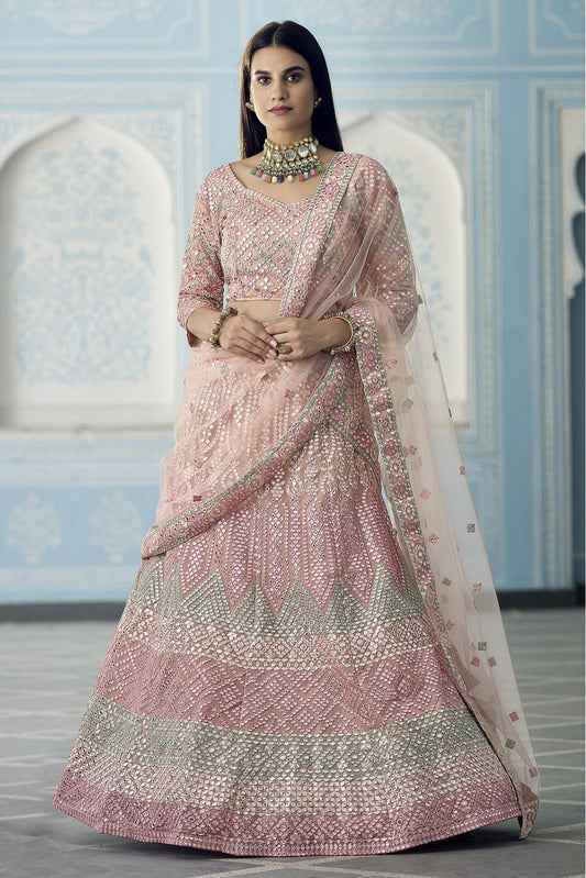 Peach Colour Organza Thread Work Lehenga Choli