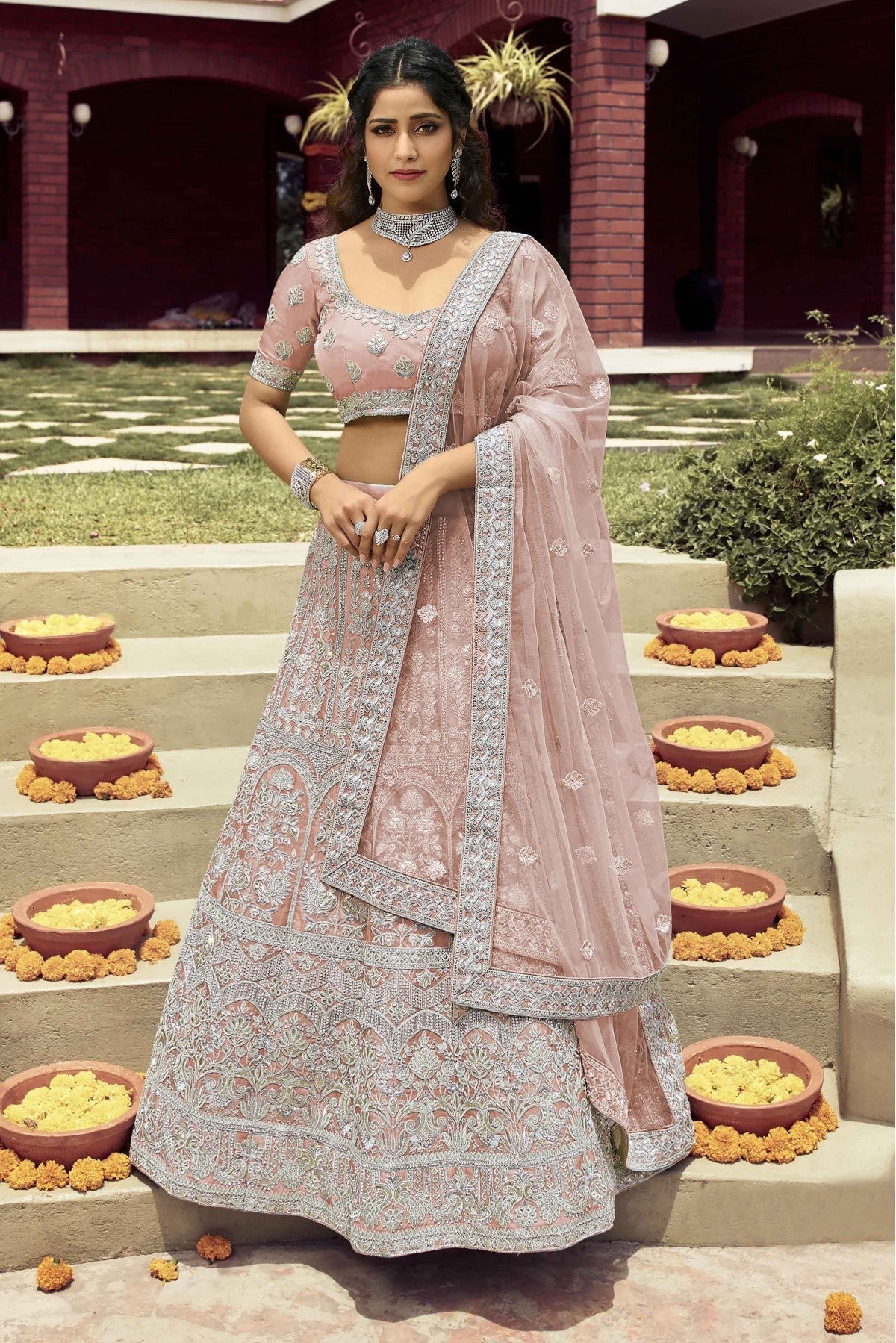 Peach Colour Organza Zari Work Lehenga Choli