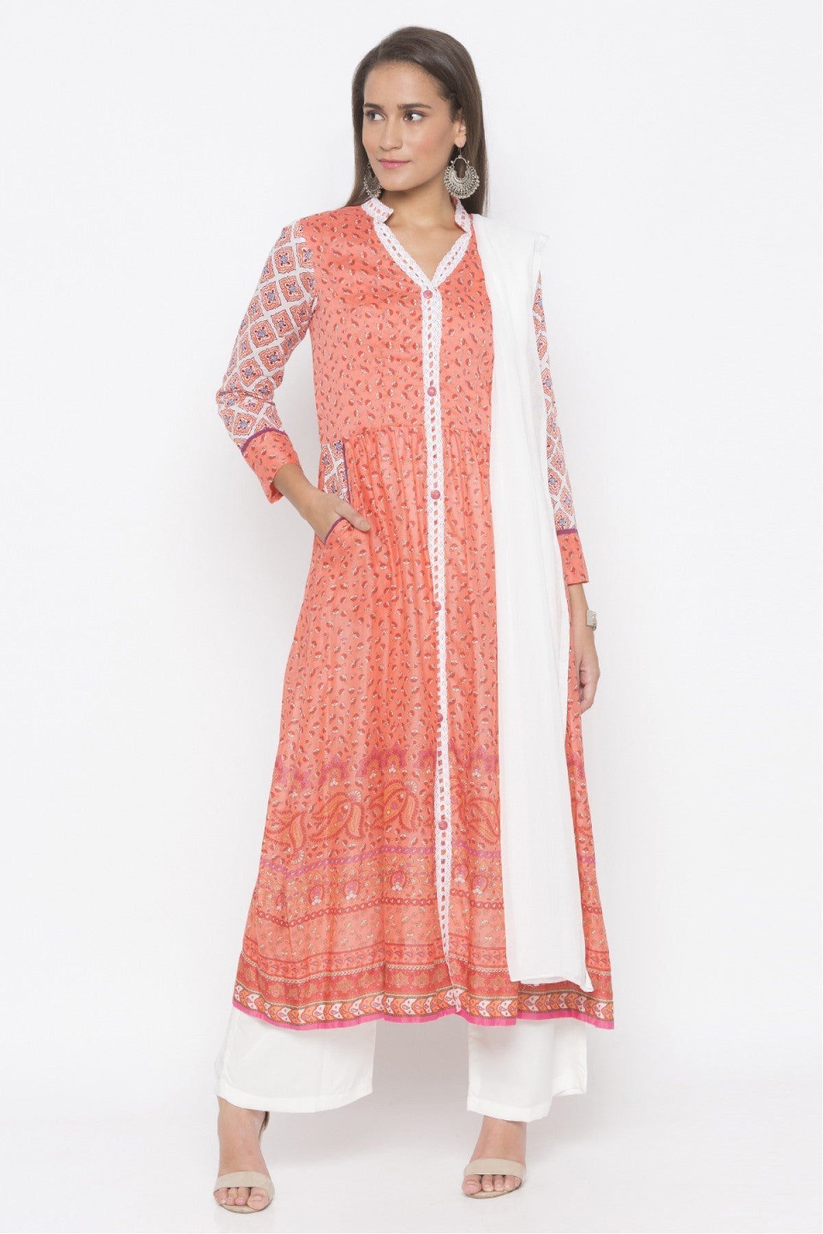 Peach Colour Plus Size Stitched Cotton Embroidery Palazzo Pant Suit