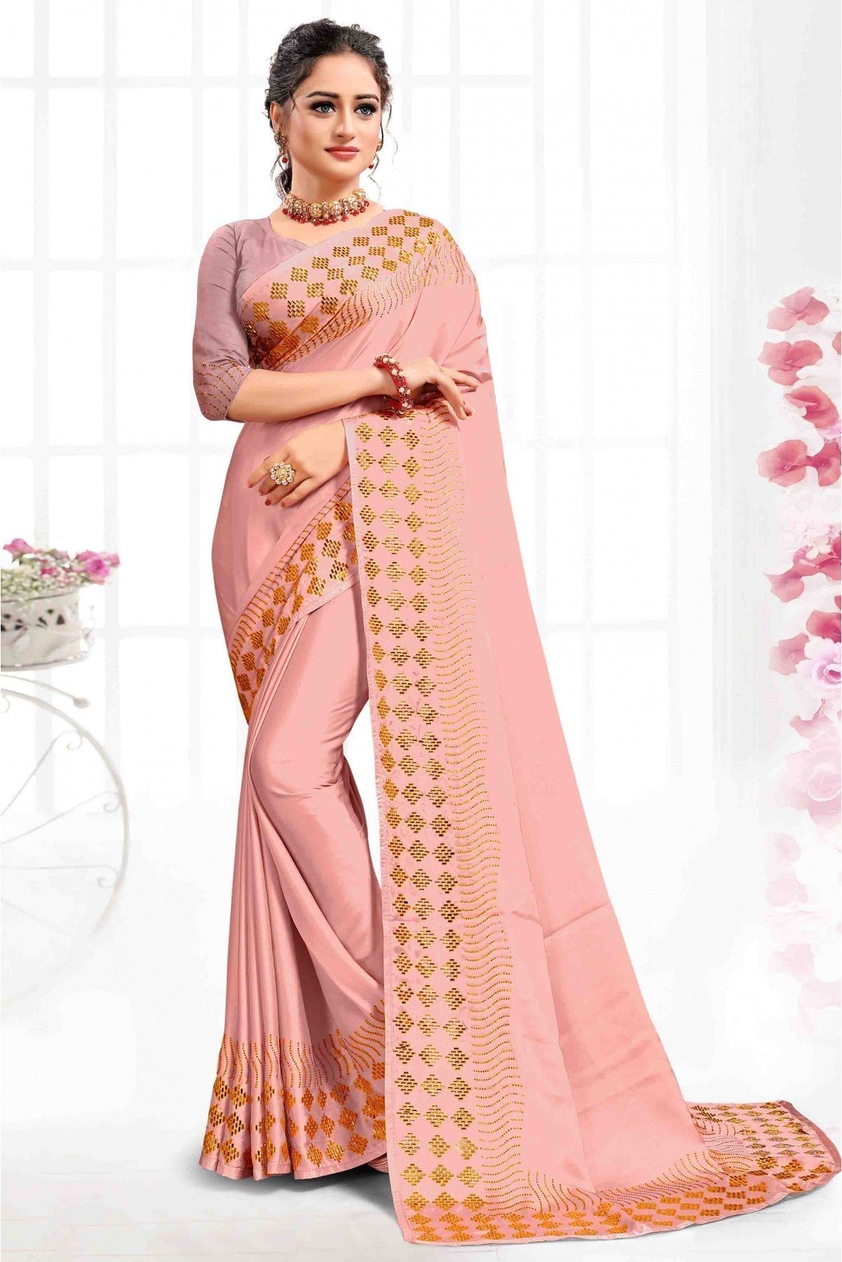 Peach Colour Pure Satin Designer Saree