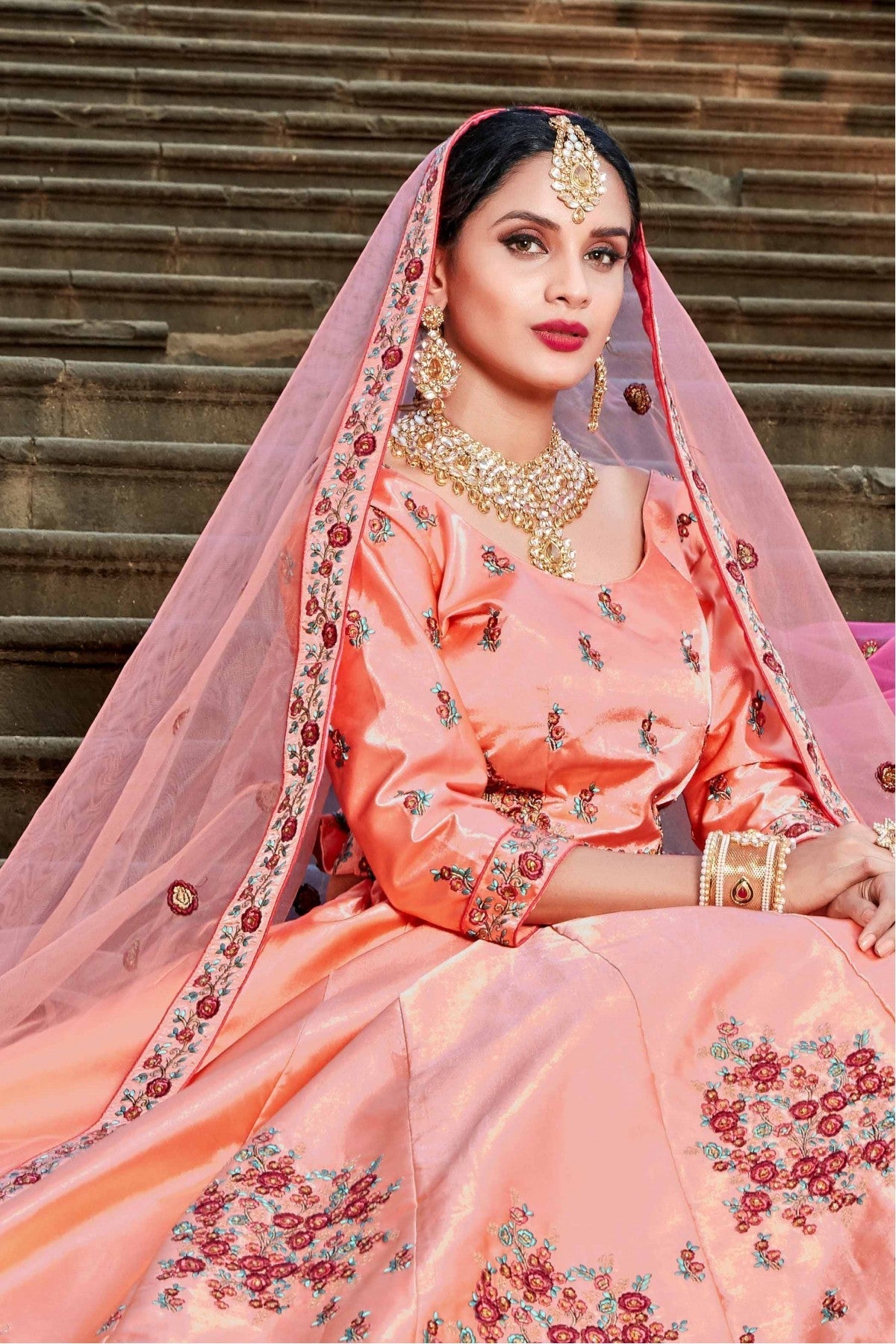 Peach Colour Pure Satin Resham Work Lehenga Choli