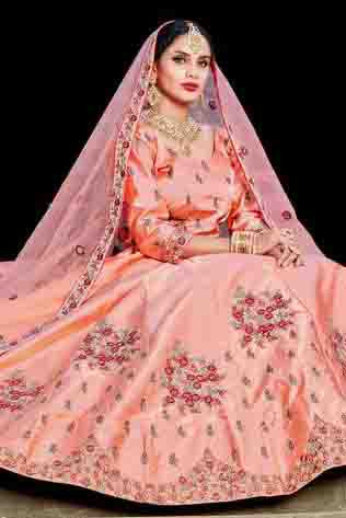 Peach Colour Pure Satin Resham Work Lehenga Choli