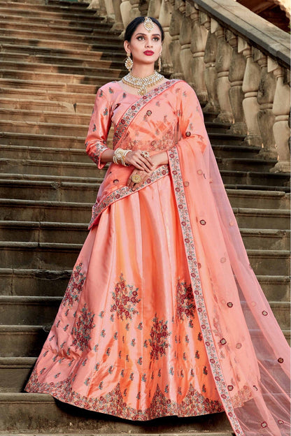 Peach Colour Pure Satin Resham Work Lehenga Choli